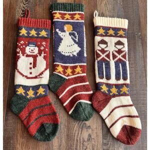 3 Vintage Hand Knit Heirloom Quality Wool Christmas Stockings Farmhouse 19"